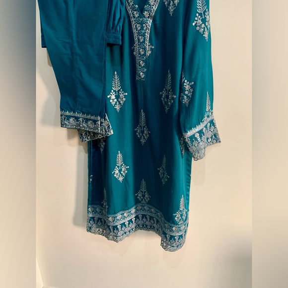 M. BASICS By MARIA. B. Elegant Teal Embroidered Suit - Picture 9 of 16